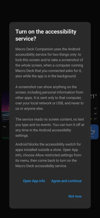 The accessibility disclosure: the service only locks the screen and takes screenshots for your computer, and reads nothing else