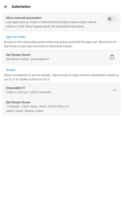 The Automation settings on Android with a script in the App icon menu section and a computer’s scripts below