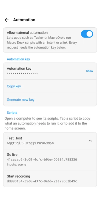 The Automation settings on Android: Allow external automation turned on, the automation key and the scripts of a computer