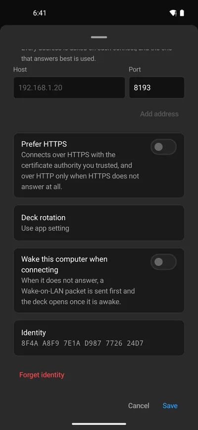 The settings of a connection on Android: Prefer HTTPS, Deck rotation, Wake this computer when connecting and the identity