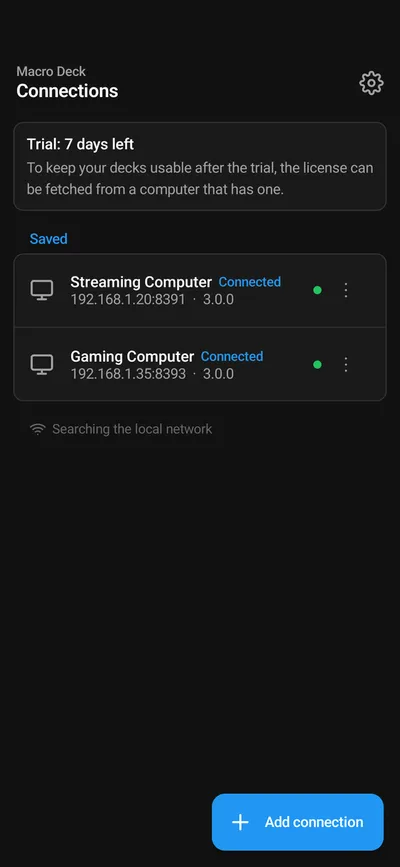 The Connections list on Android: the trial banner and two saved computers, both connected