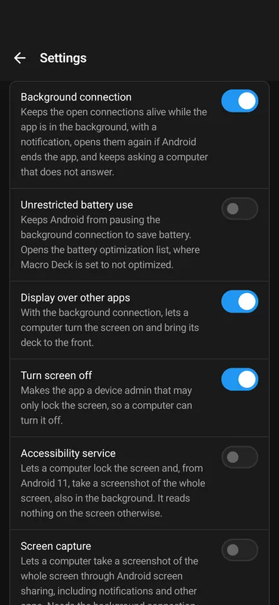Device control in the Android settings: Background connection, Display over other apps and Turn screen off turned on
