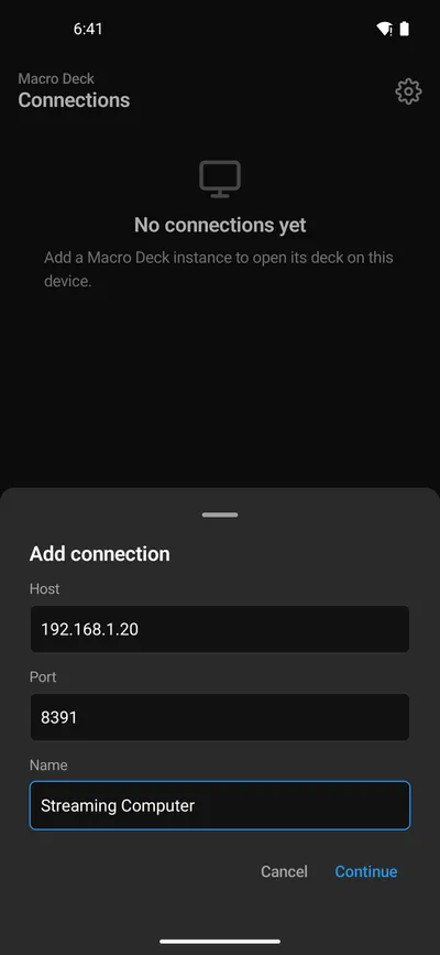 Adding a connection by address on Android: host 192.168.1.20, port 8391 and the name Streaming Computer