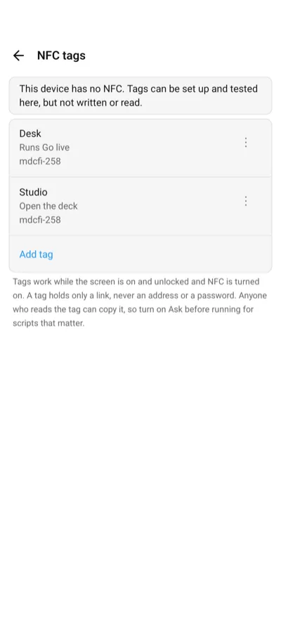 The NFC tags settings on Android, on a device without NFC, with a tag that runs a script and one that opens the deck
