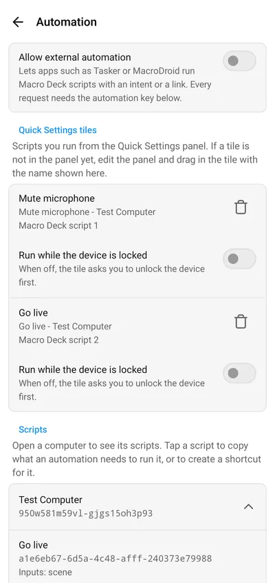 The Automation settings on Android with two Quick Settings tiles, each with its name in the tile list and the switch Run while the device is locked