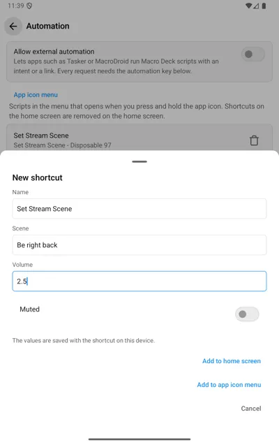 The New shortcut sheet on Android: a name, the script’s three inputs with values, and the buttons Add to home screen and Add to app icon menu