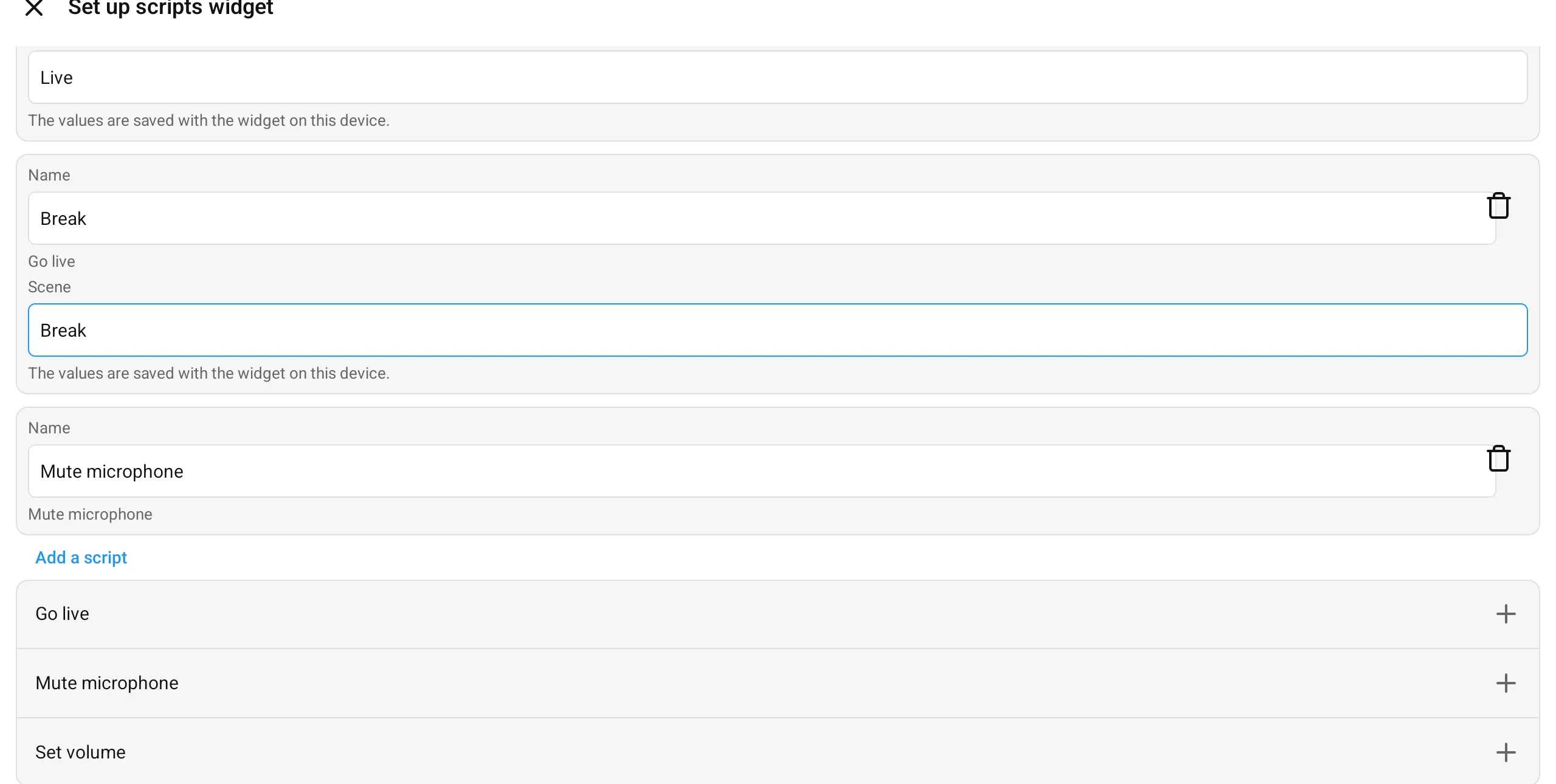 The setup screen of the Macro Deck scripts widget on Android, with the computer chosen and Go live on the widget twice with different scenes