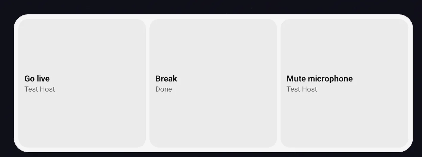 The Macro Deck scripts widget on the Android home screen with three buttons, the second one saying Done after a run