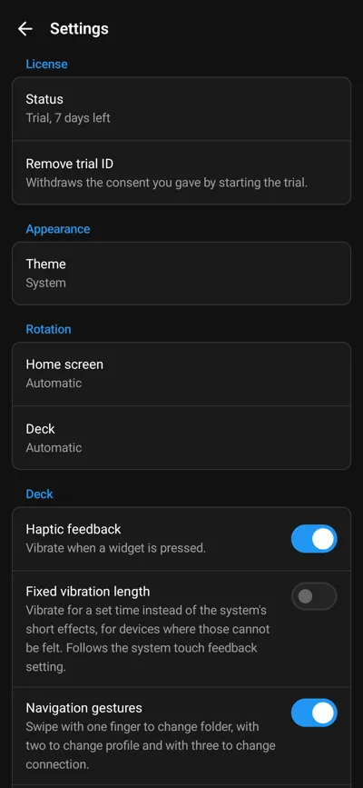 The top of the Android settings: License, Appearance, Rotation and Deck