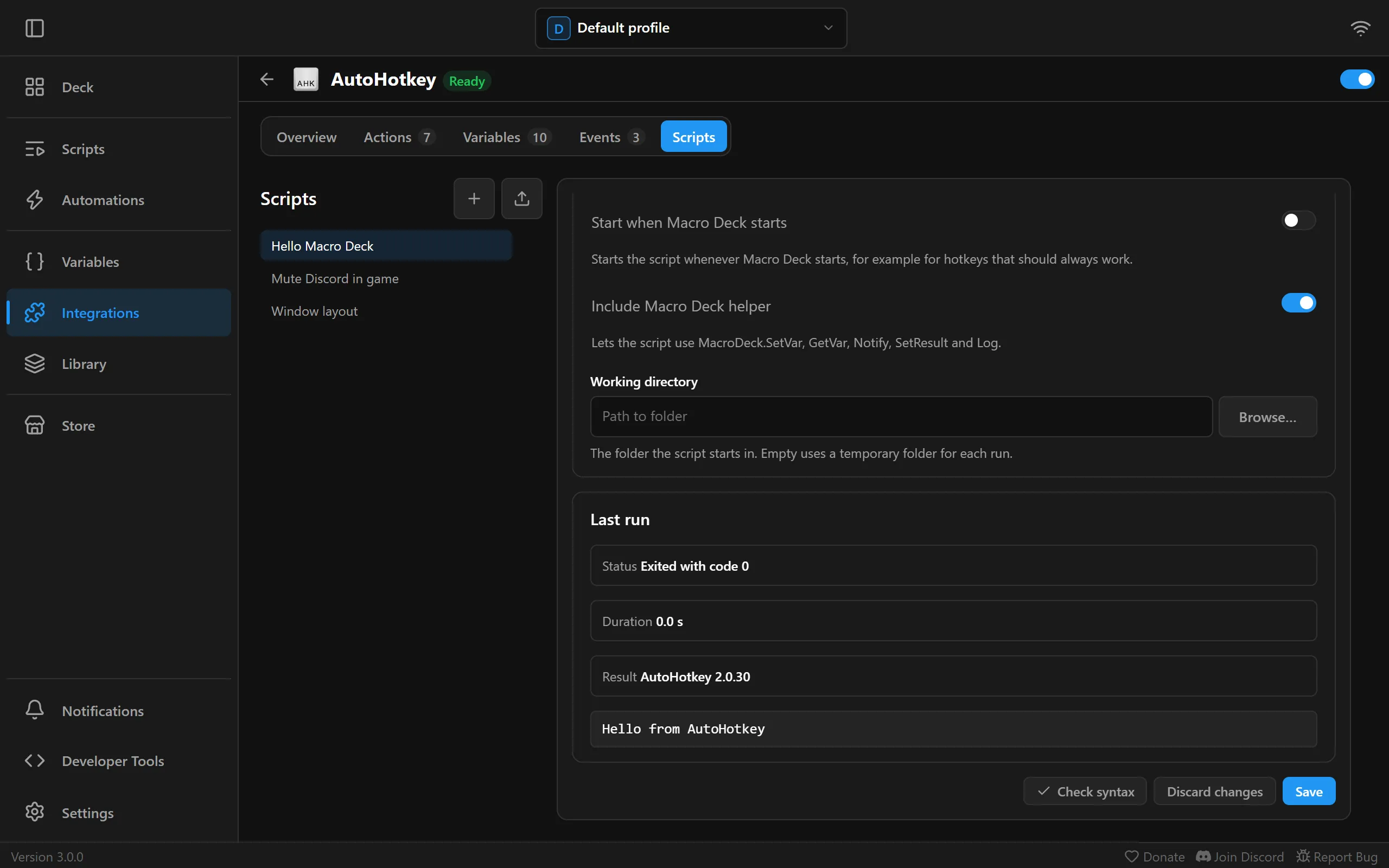 The script settings and the Last run card after a run: exited with code 0, its duration, the result AutoHotkey 2.0.30 and the output Hello from AutoHotkey
