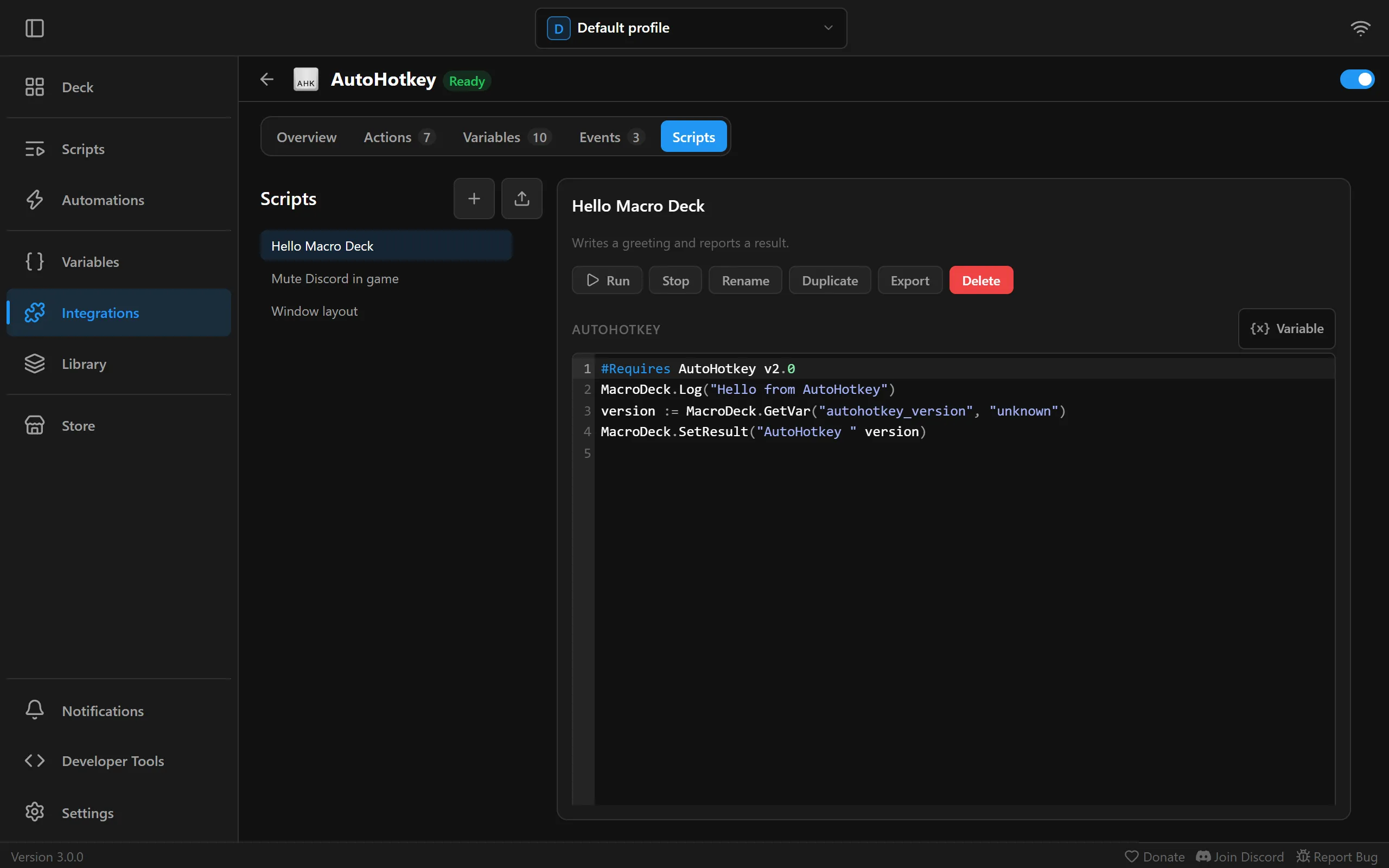 The Scripts tab with three AutoHotkey scripts in the list and the script Hello Macro Deck open in the editor