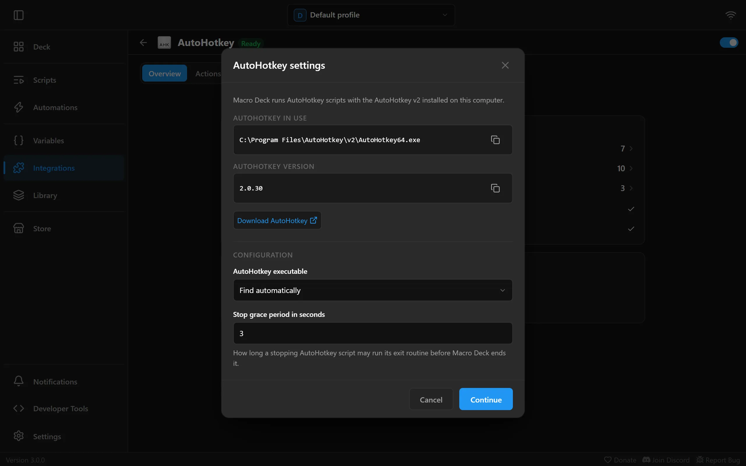 AutoHotkey settings showing the AutoHotkey in use, its version, the download link, the executable choice and the stop grace period