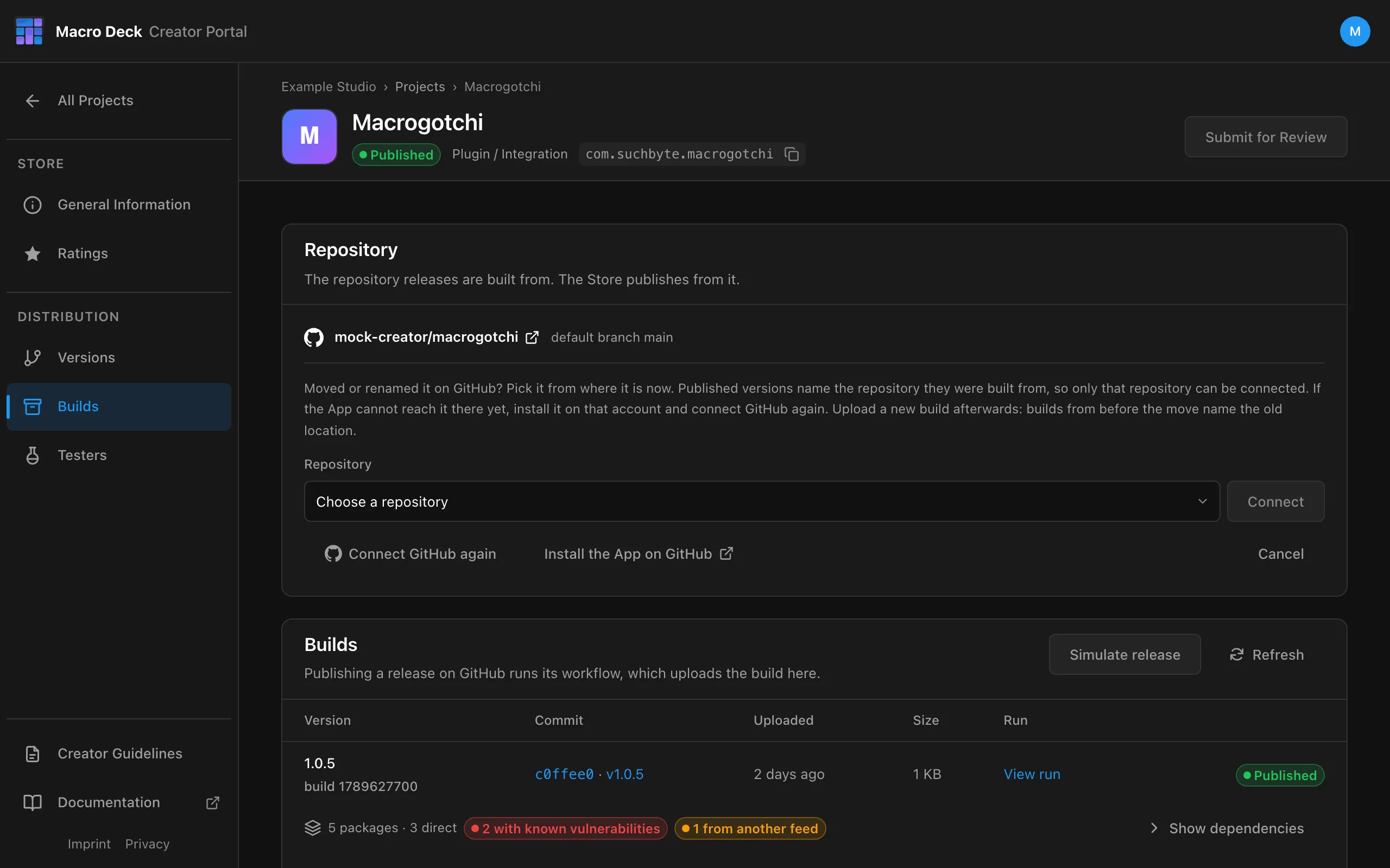 The Repository panel after Change, with the repository picker, Connect GitHub again and Cancel