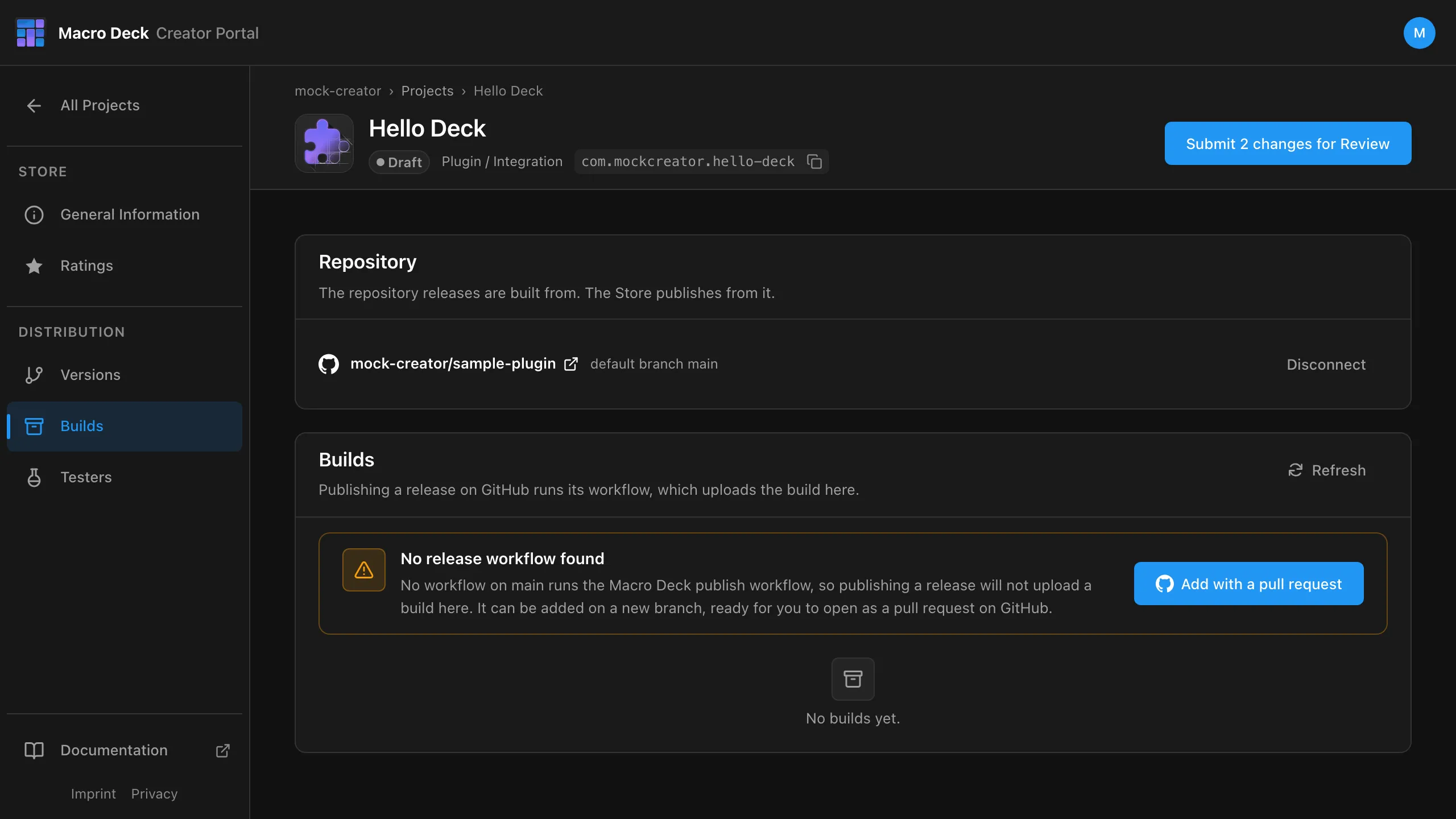 No release workflow found, with an Add with a pull request button