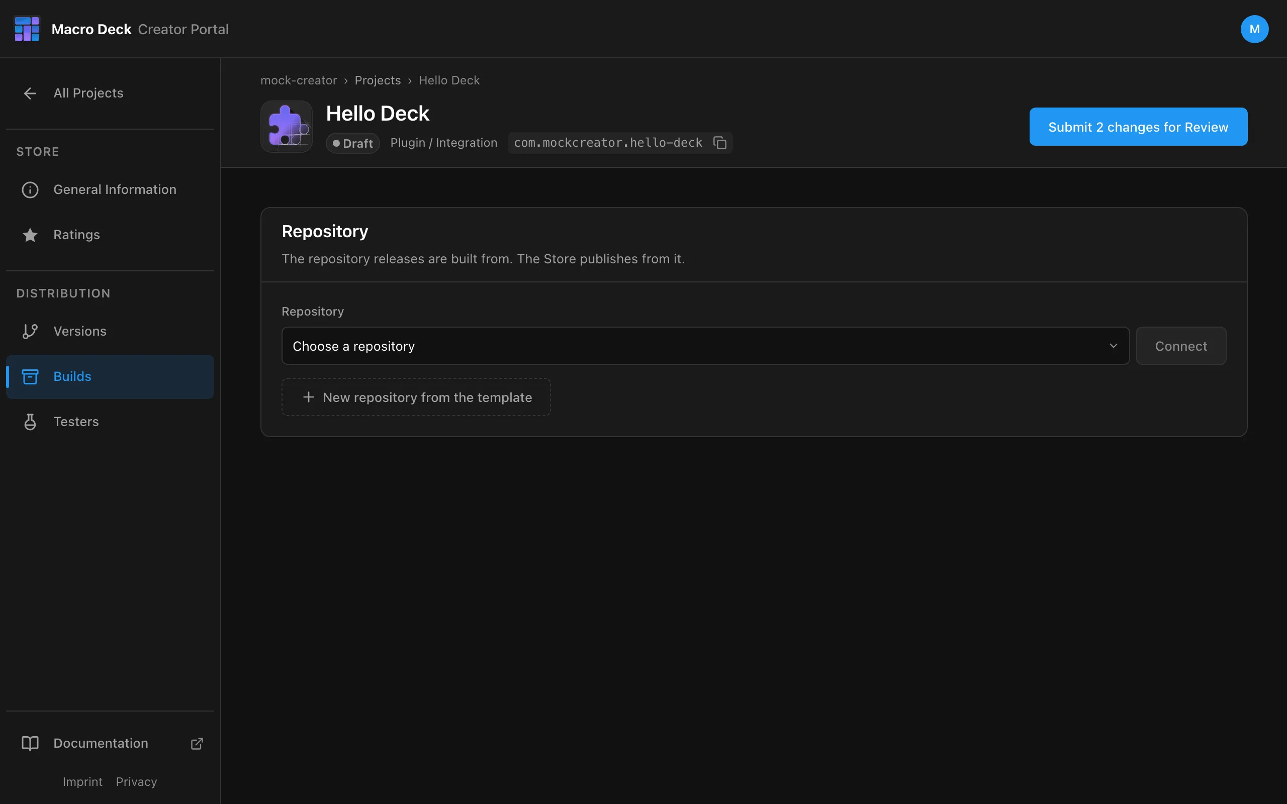 The Repository panel with a repository picker and New repository from the template