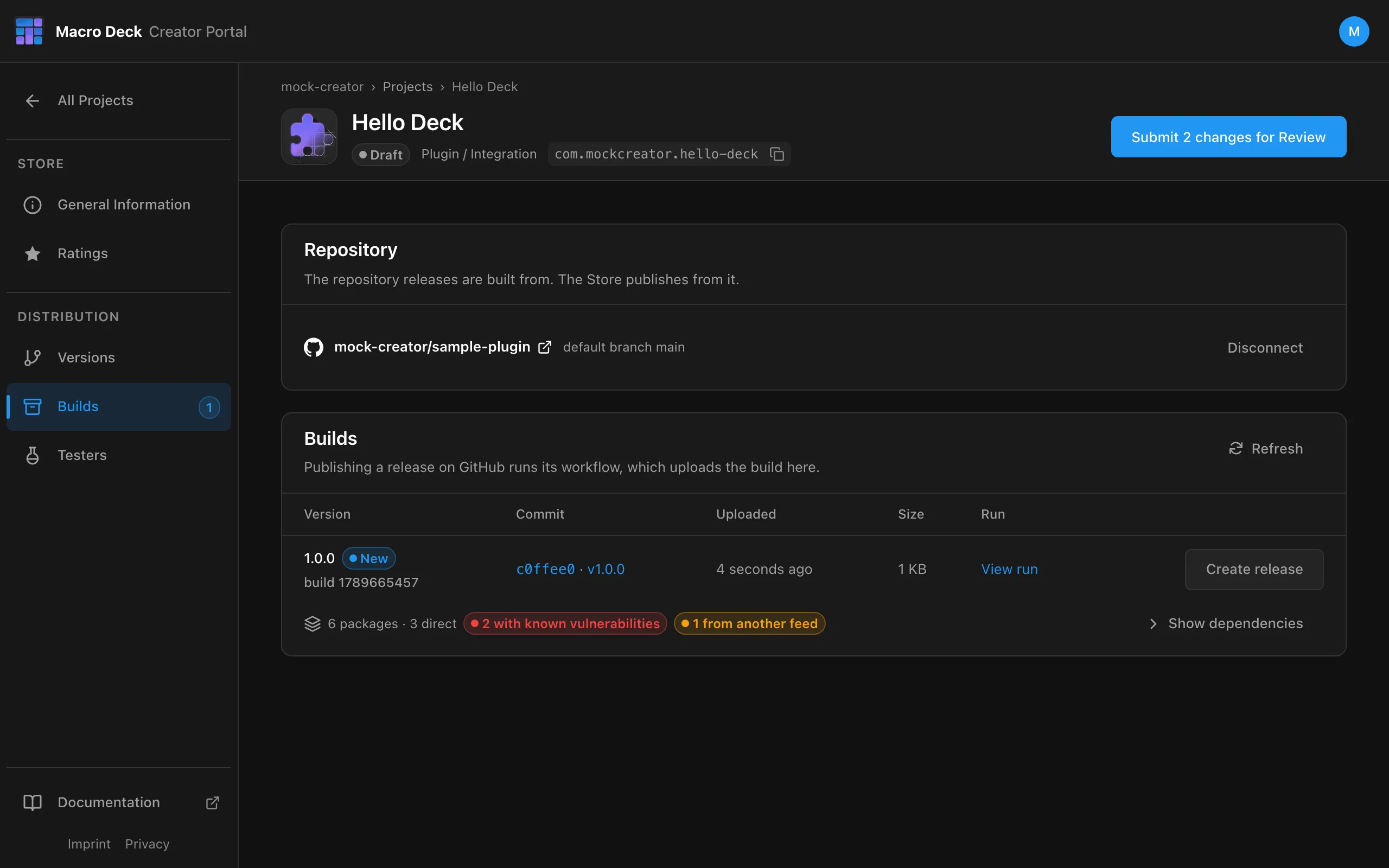 The build library with build 1.0.0, its commit, run and dependency summary