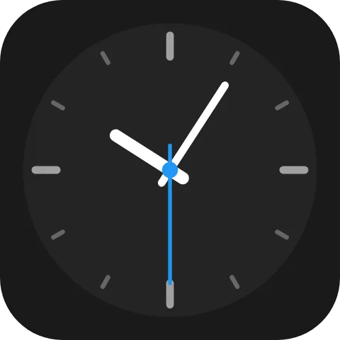 An analogue clock face with twelve tick marks, white hour and minute hands at five past ten, and a blue second hand