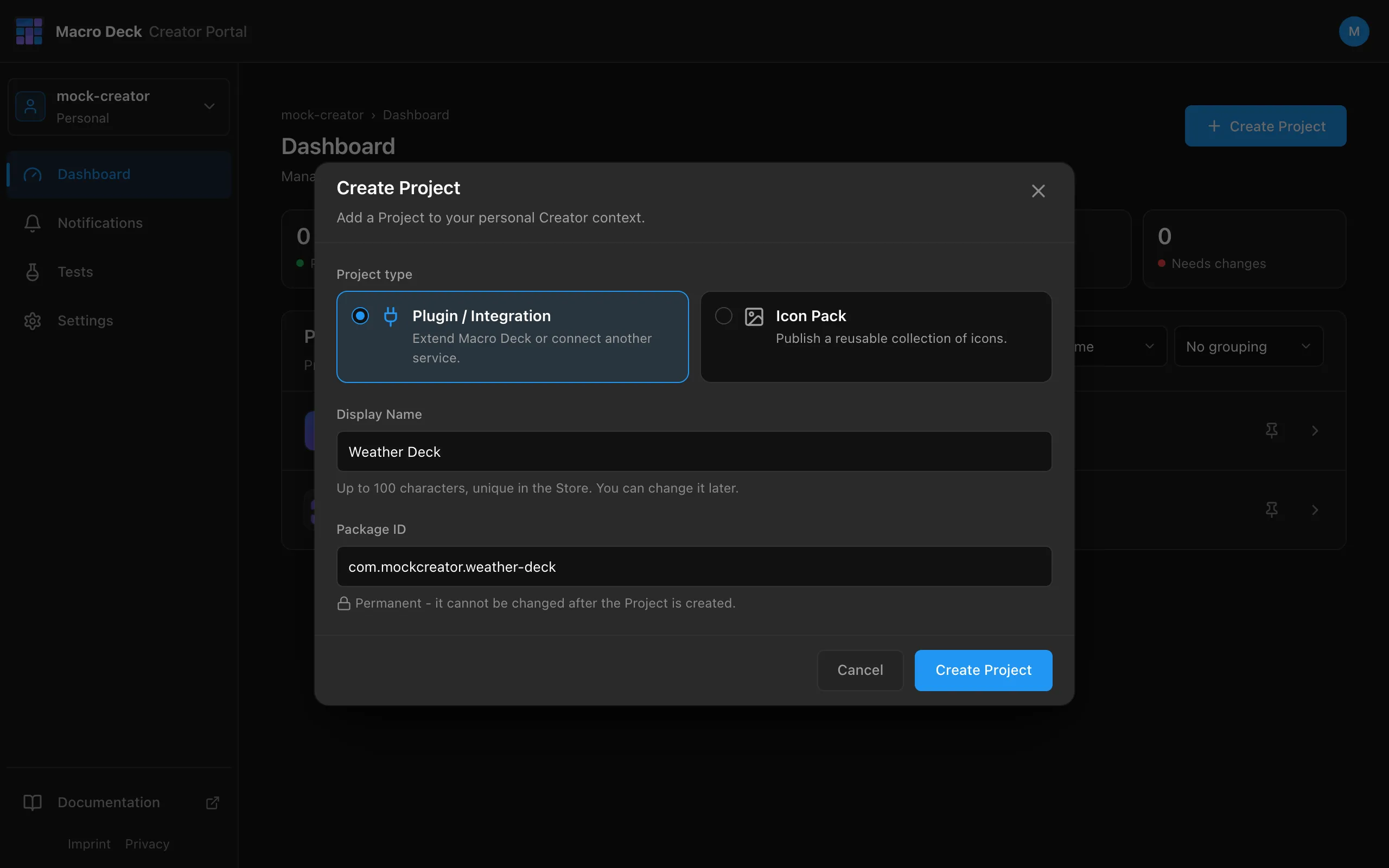 The Create Project dialog with Plugin / Integration selected
