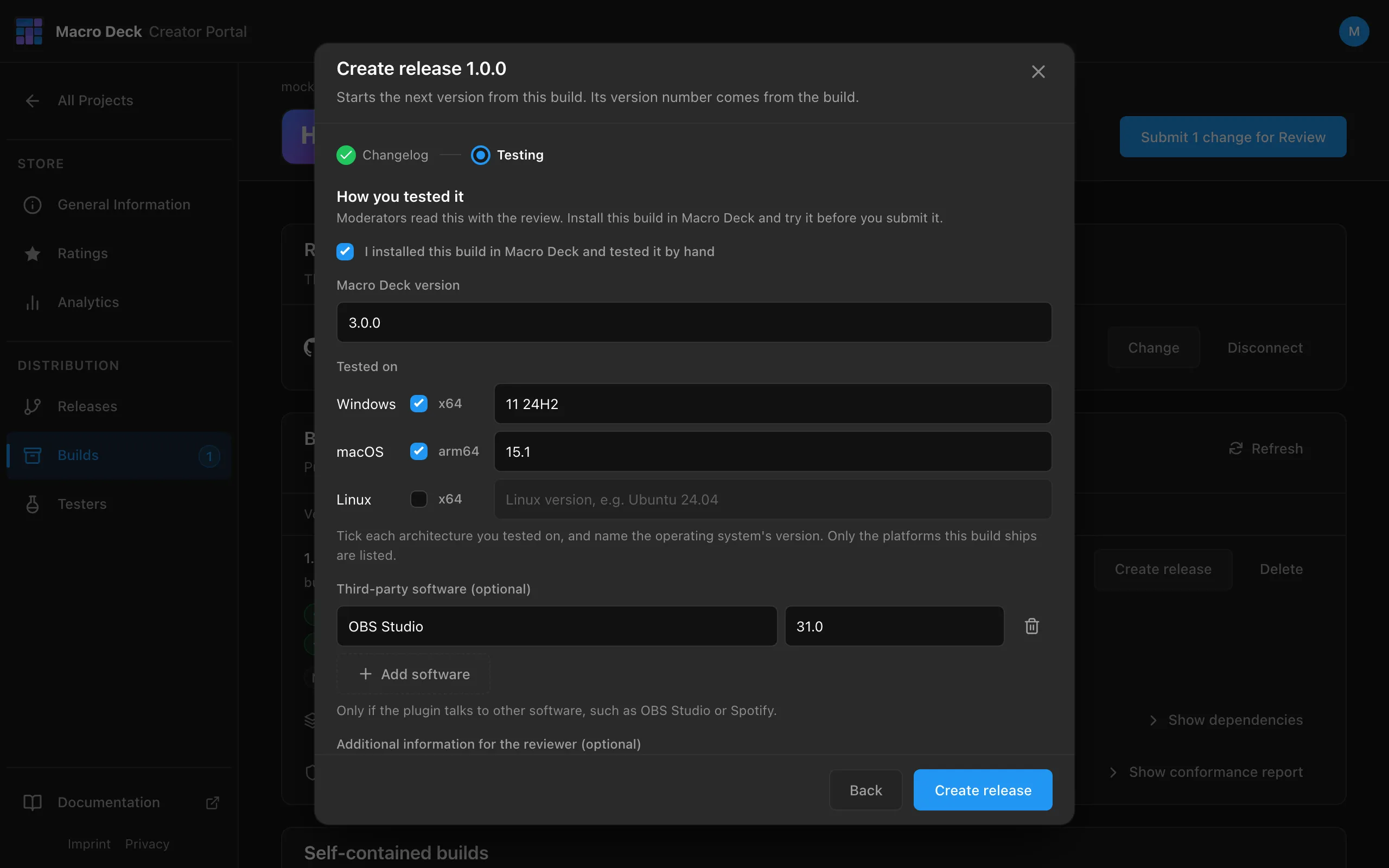 The Create release 1.0.0 dialog, second step: tested by hand, Macro Deck 3.0.0, Windows 11 24H2 x64, macOS 15.1 arm64 and OBS Studio 31.0