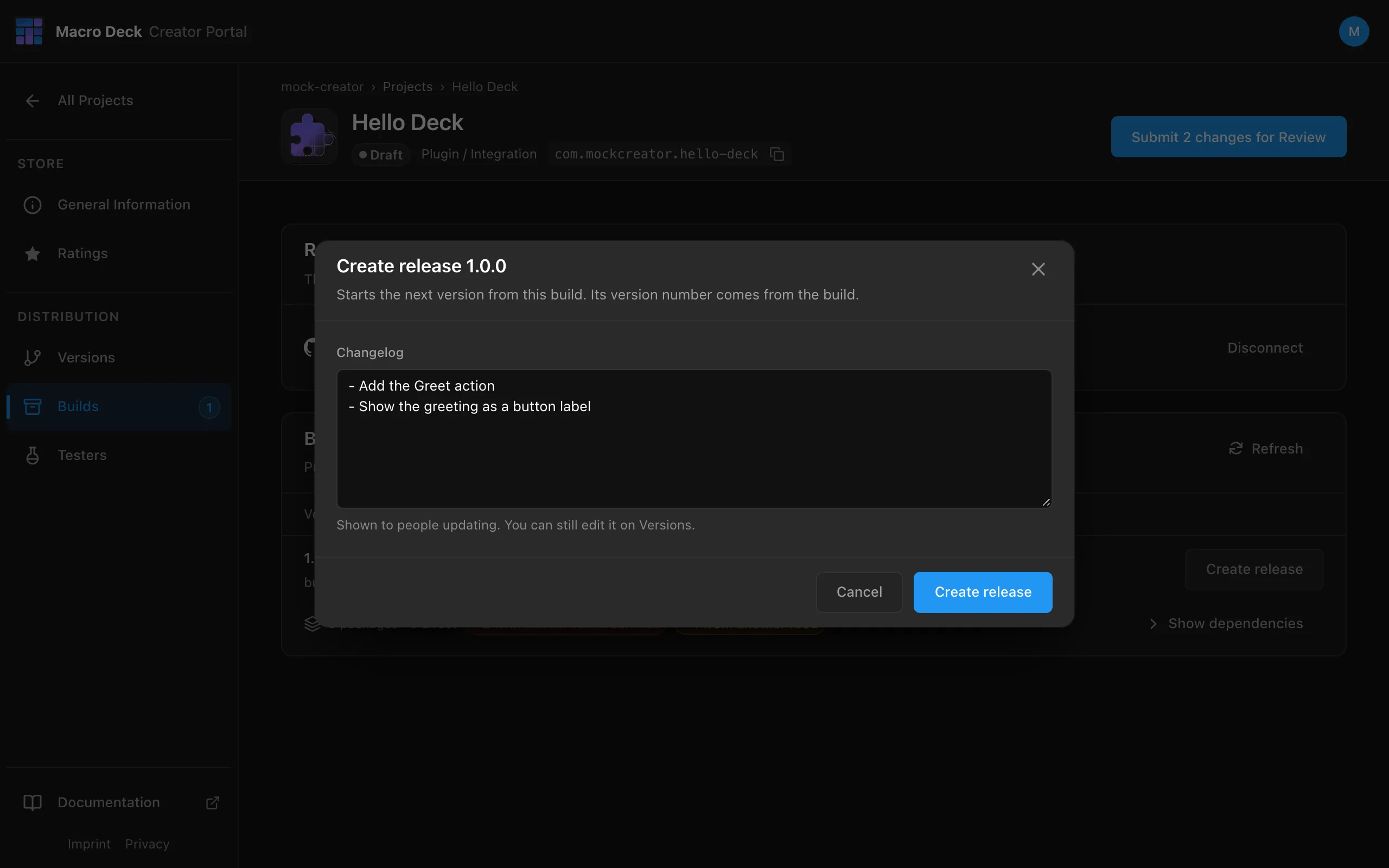 The Create release 1.0.0 dialog with a changelog