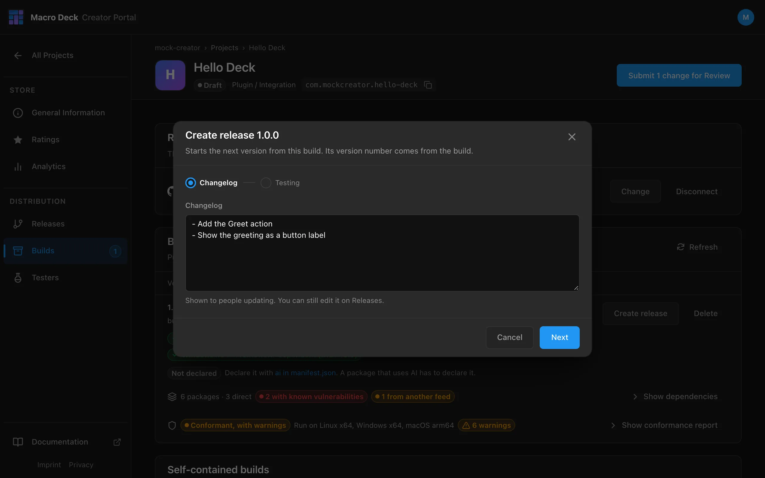 The Create release 1.0.0 dialog, first step: the changelog