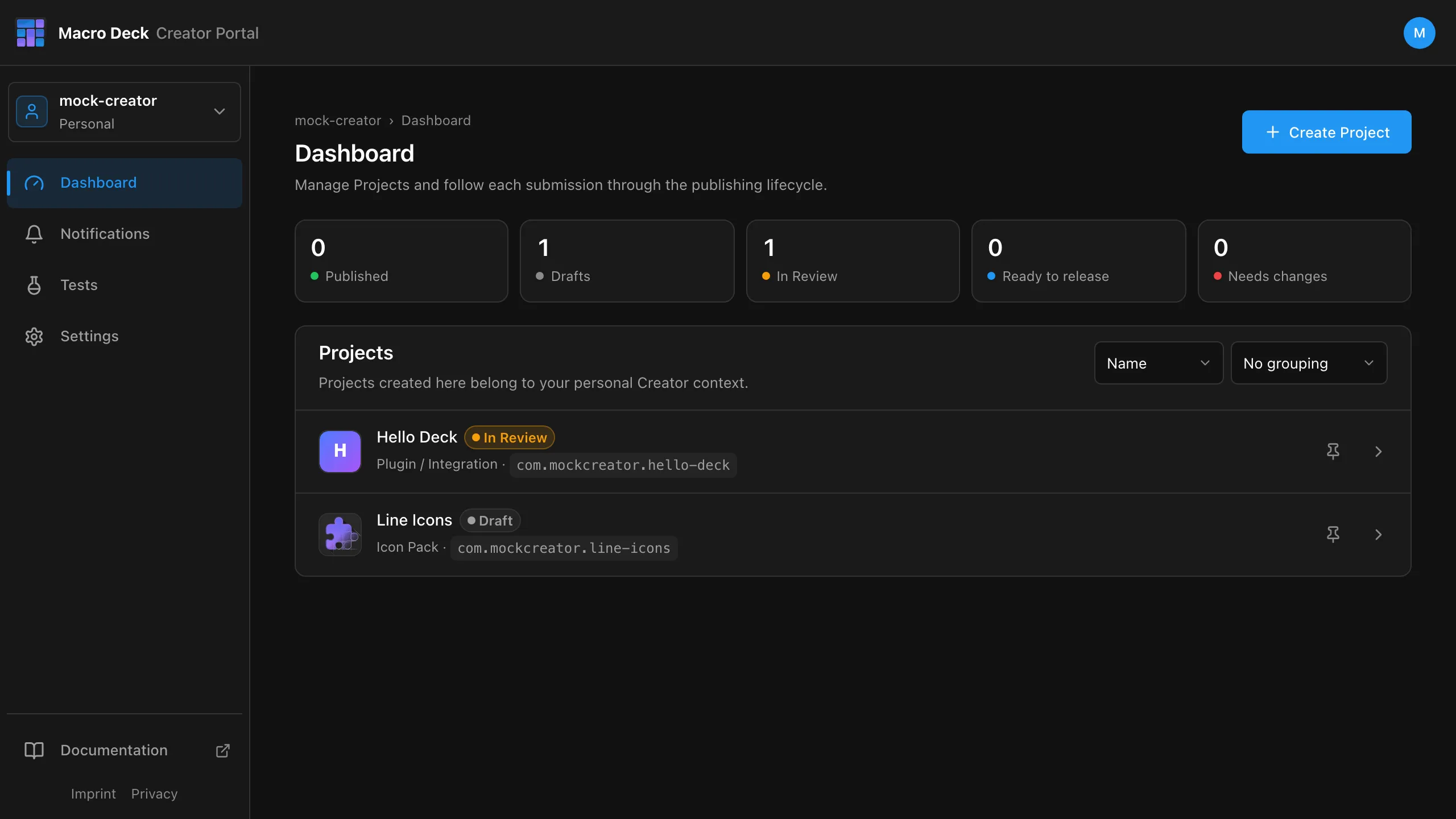 The Creator Portal dashboard with a plugin in review and an icon pack draft