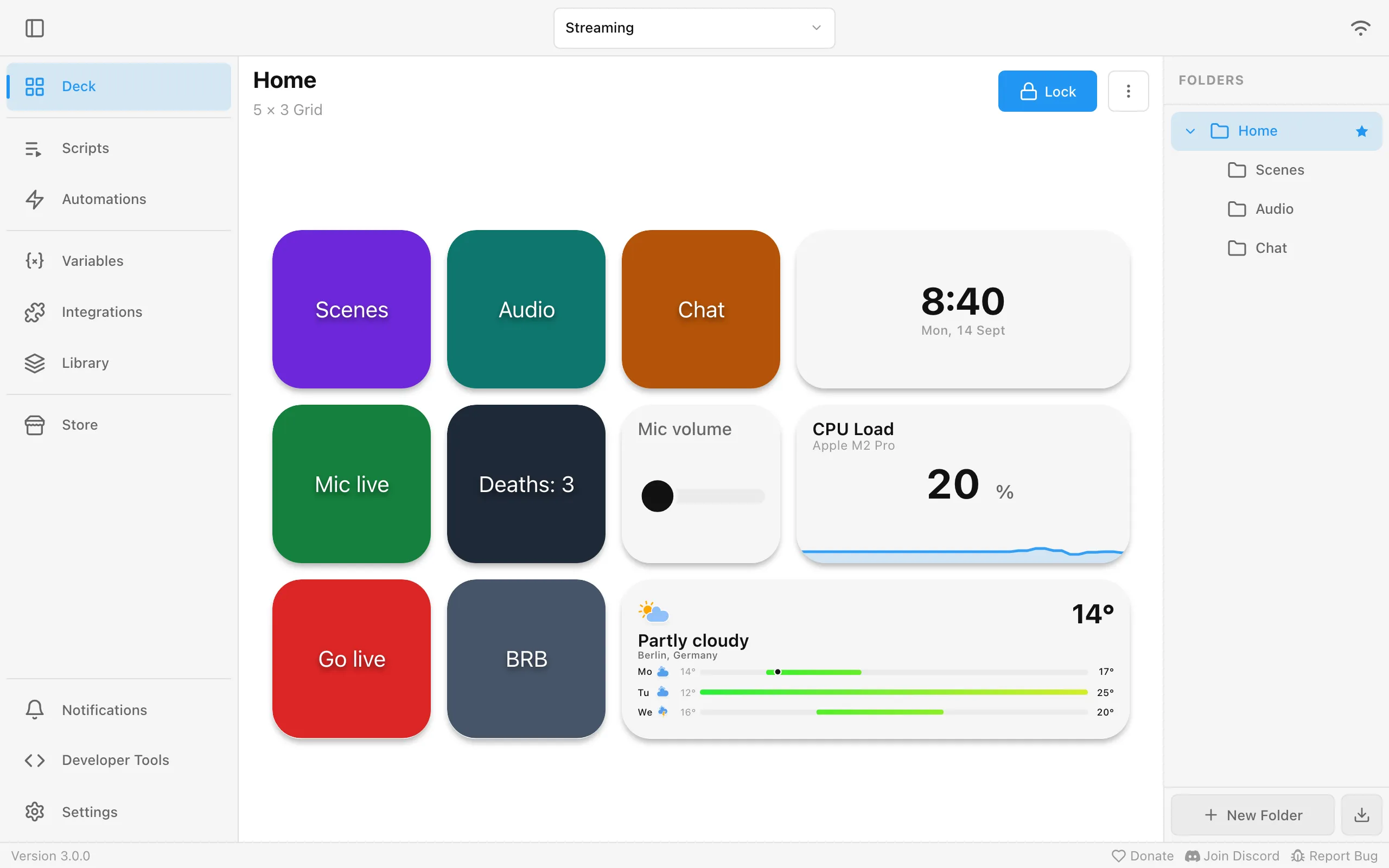 The Home folder of a Streaming profile: folder buttons, a mic button, a counter, a slider, a clock, a CPU graph and the weather