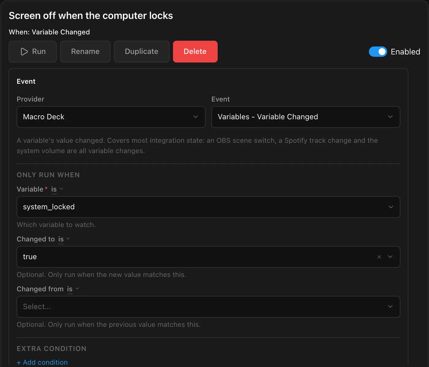 The automation Screen off when the computer locks: Variable Changed on system_locked, changed to true