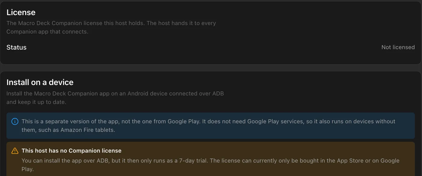 Settings > Companion App in Macro Deck: the License section reads Not licensed, and the install section notes that the app then runs as a 7-day trial