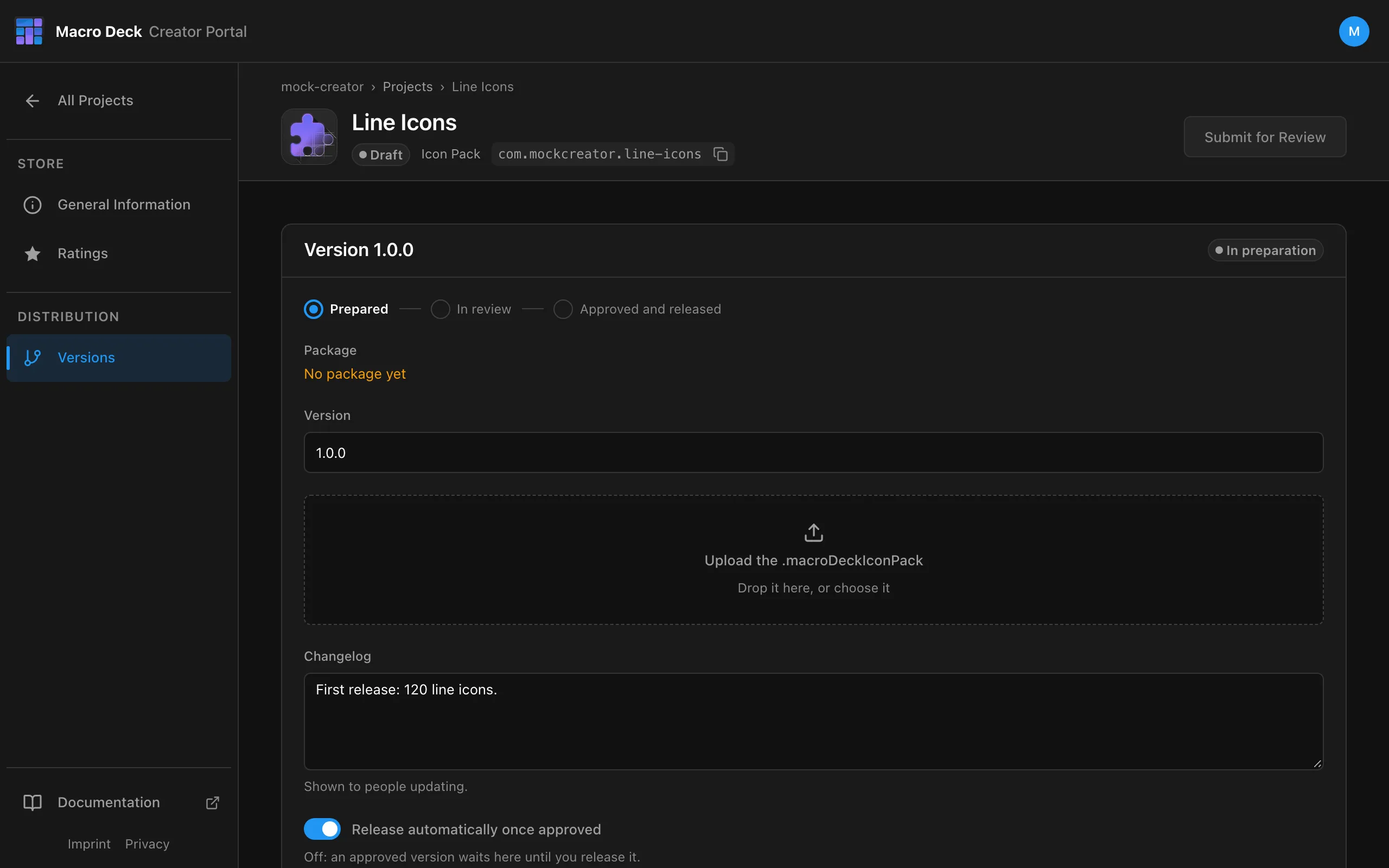 Version 1.0.0 in preparation with the upload area for the .macroDeckIconPack