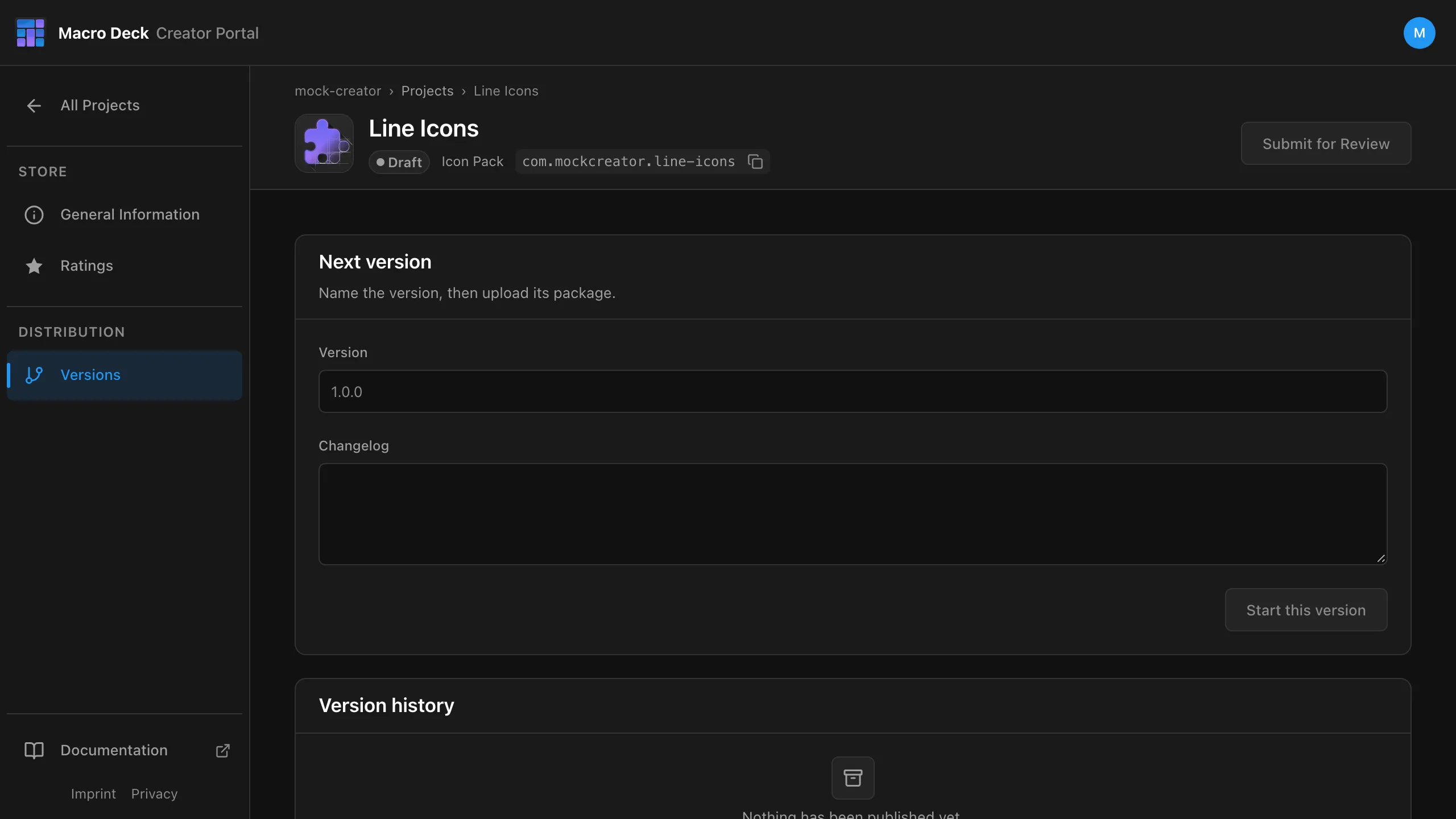 Next version with Version and Changelog fields and Start this version