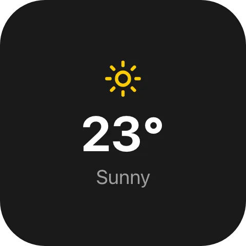 A weather tile with a small yellow sun icon above the temperature 23° and the caption Sunny
