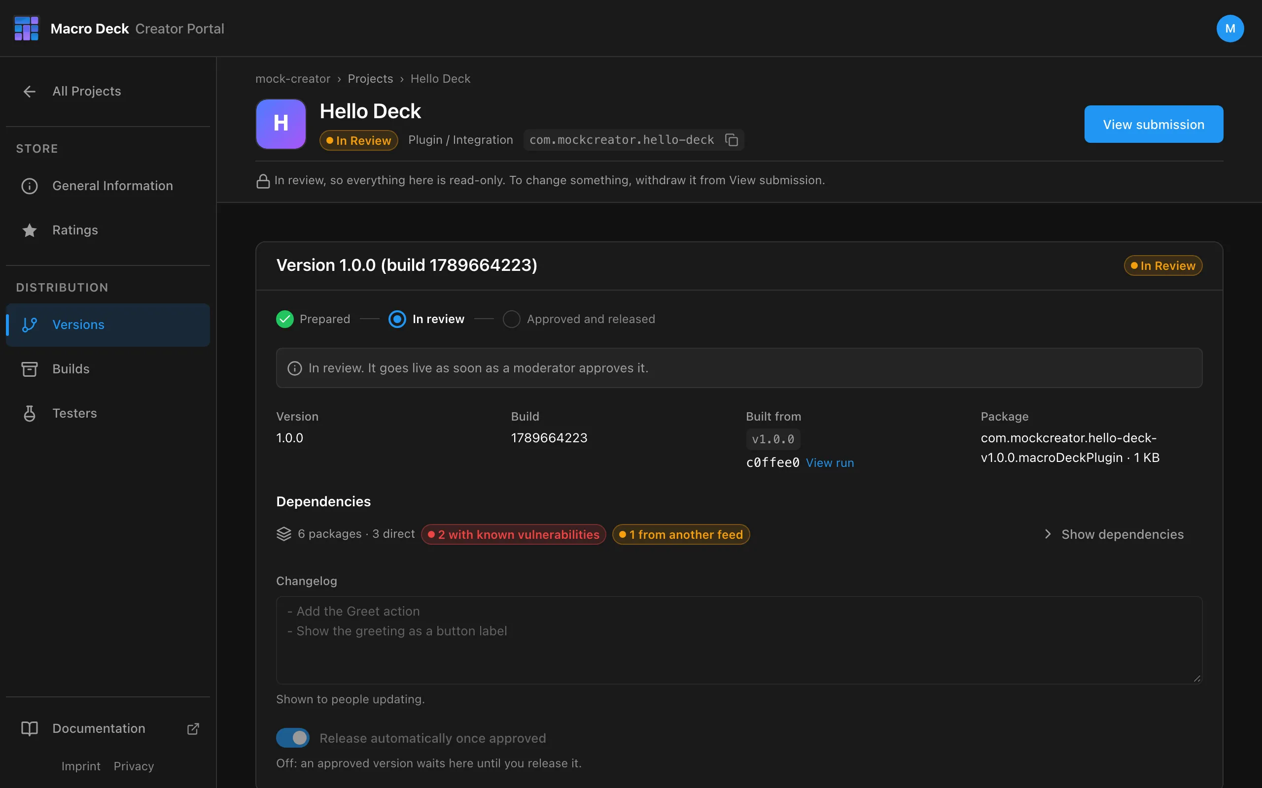 Version 1.0.0 in review, with the Project locked while it is reviewed