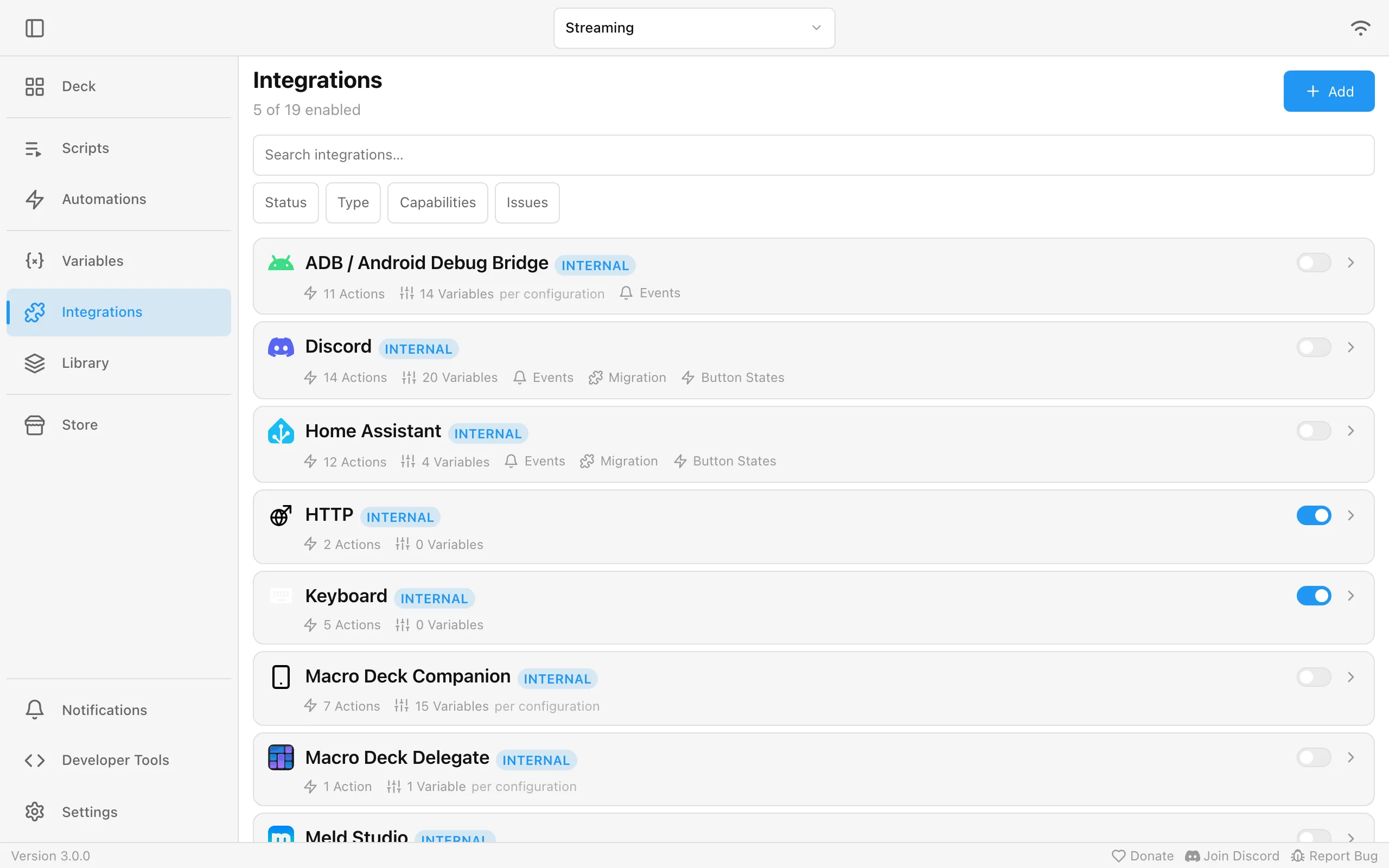 The Integrations page with ADB, Discord, Home Assistant, HTTP and Keyboard
