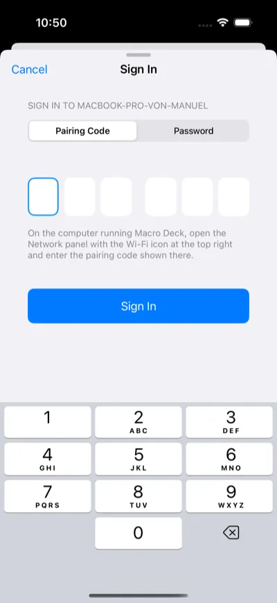 The sign-in sheet on iPhone, with the choice between Pairing Code and Password