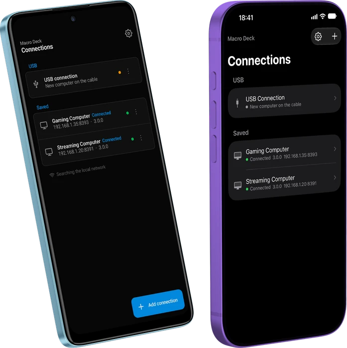 The Connections screen on an Android phone and on an iPhone: a new computer on the USB cable and two saved computers, both connected