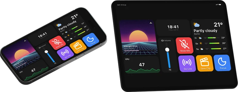 The same deck on an iPhone and an iPad: a music player, a clock, the weather, a volume slider, a CPU graph and four buttons