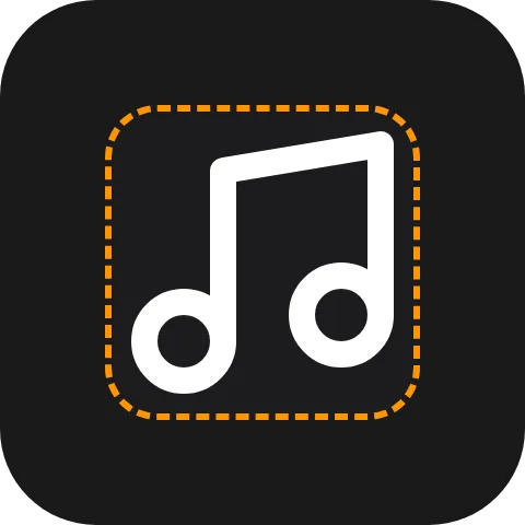 A white music note inside a dark rounded square traced by a dashed orange border, on a black tile