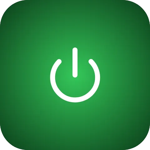 A power symbol on a tile filled with a green radial gradient that darkens towards the edges