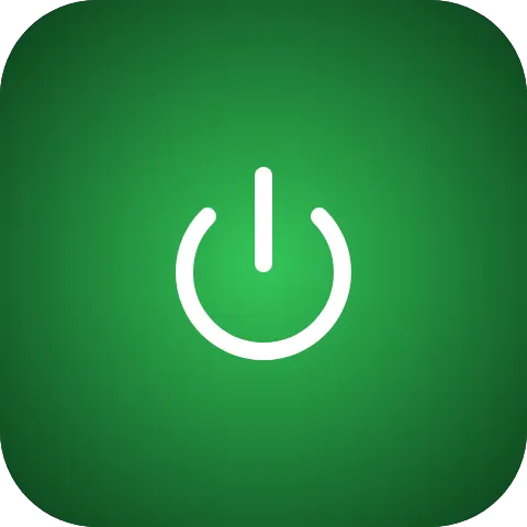 A power symbol on a tile filled with a green radial gradient that darkens towards the edges