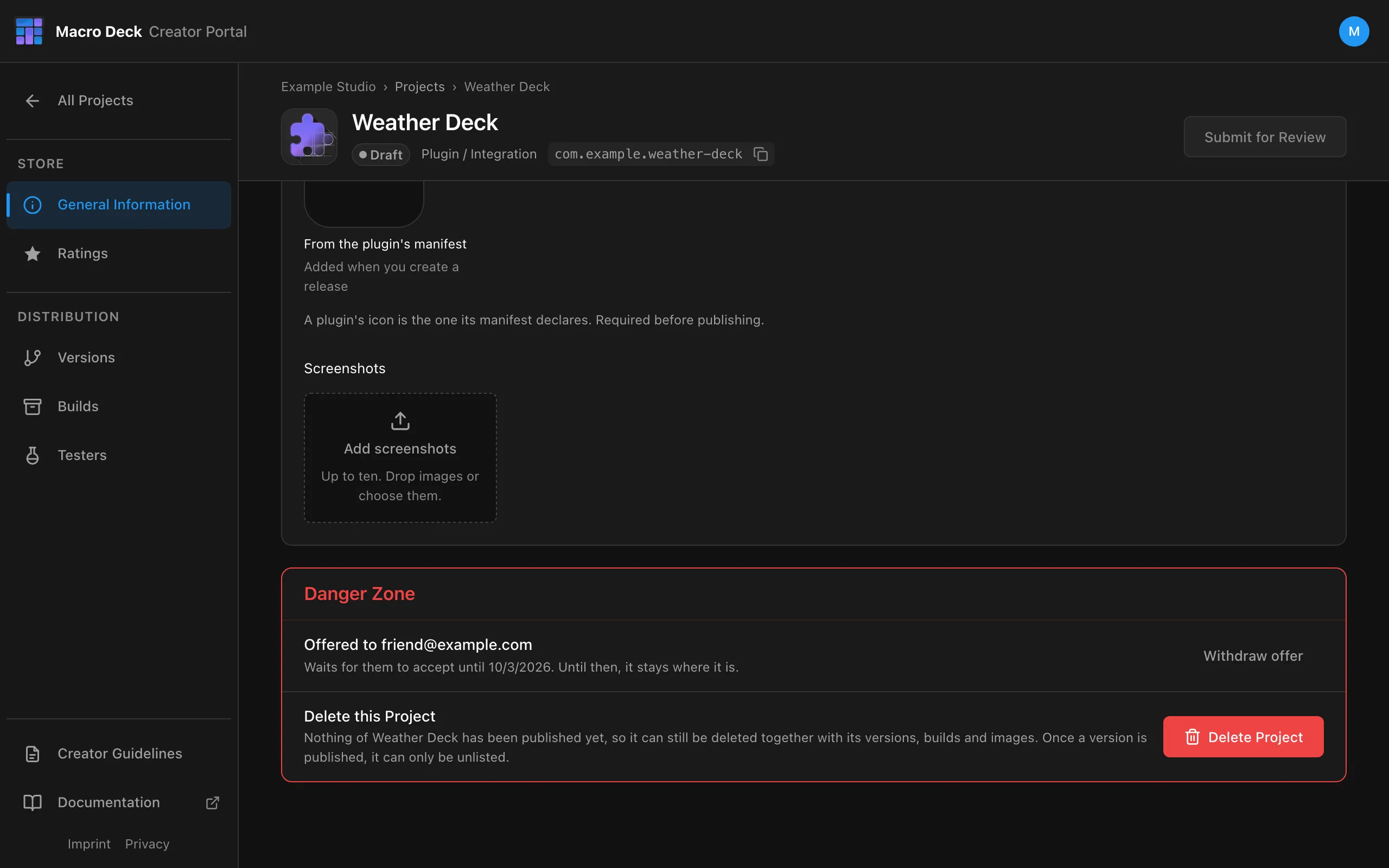 The Danger Zone showing an offer to friend@example.com that waits for acceptance, with Withdraw offer
