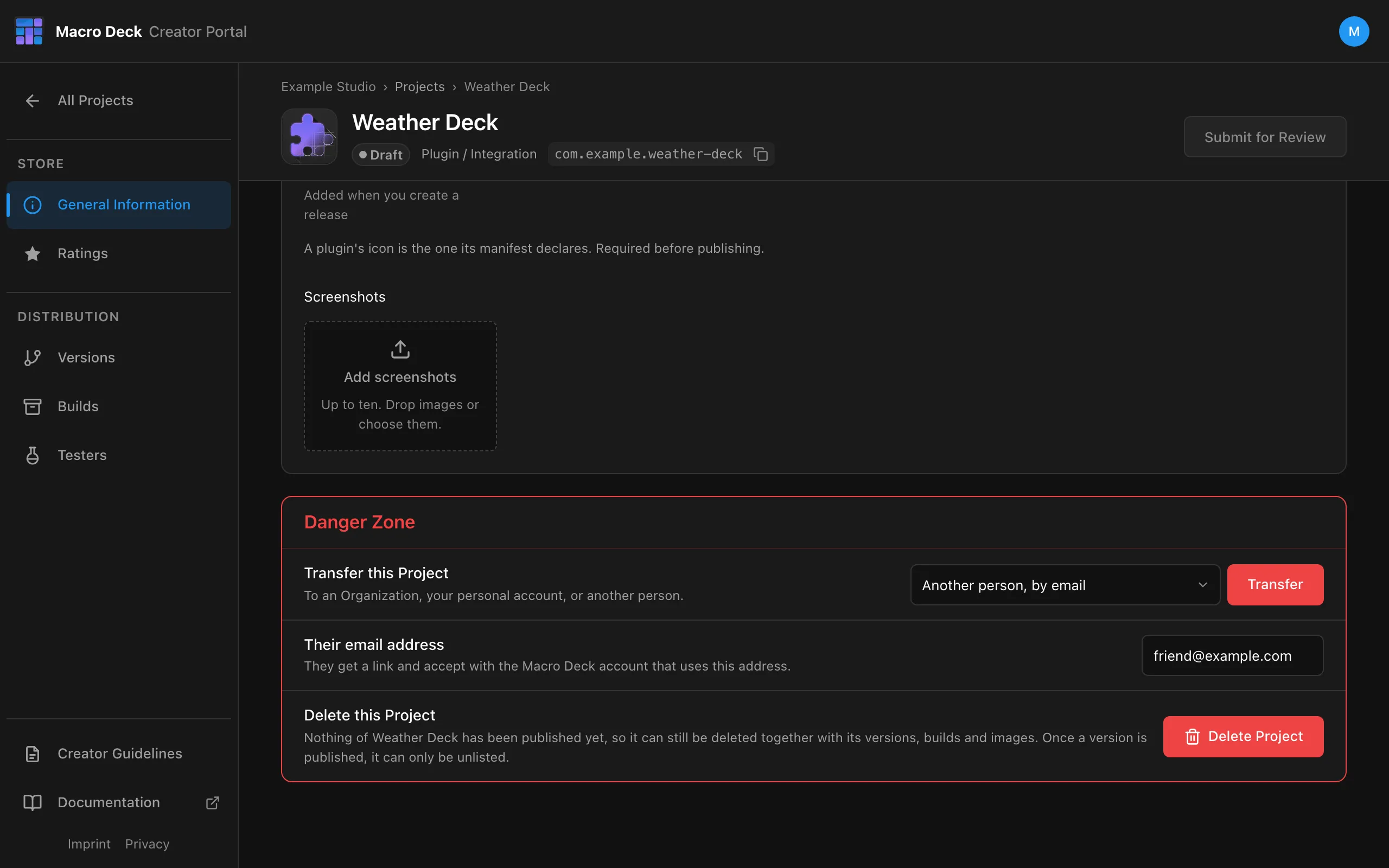 The Danger Zone with Transfer this Project, Another person by email chosen and an email address