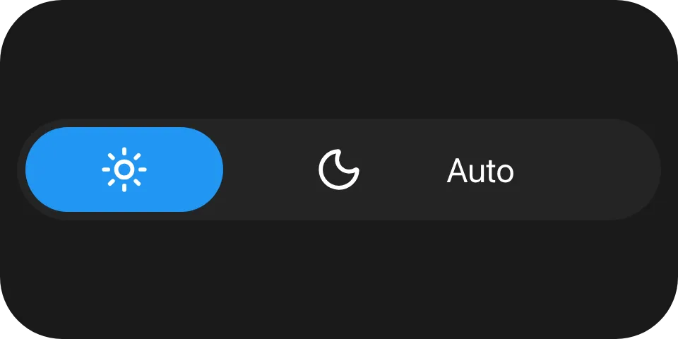 A wide capsule split into three segments - a sun, a moon and the word Auto - with a blue face behind the sun