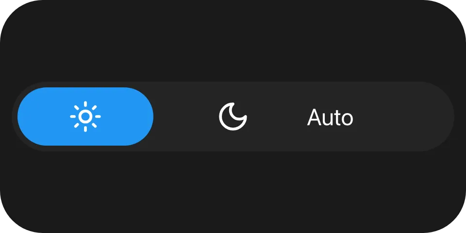 A wide capsule split into three segments - a sun, a moon and the word Auto - with a blue face behind the sun