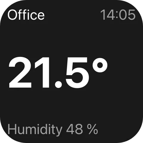 A one-cell tile: Office and 14 across the top, a large bold 21.5° in the middle, Humidity 48 % at the foot