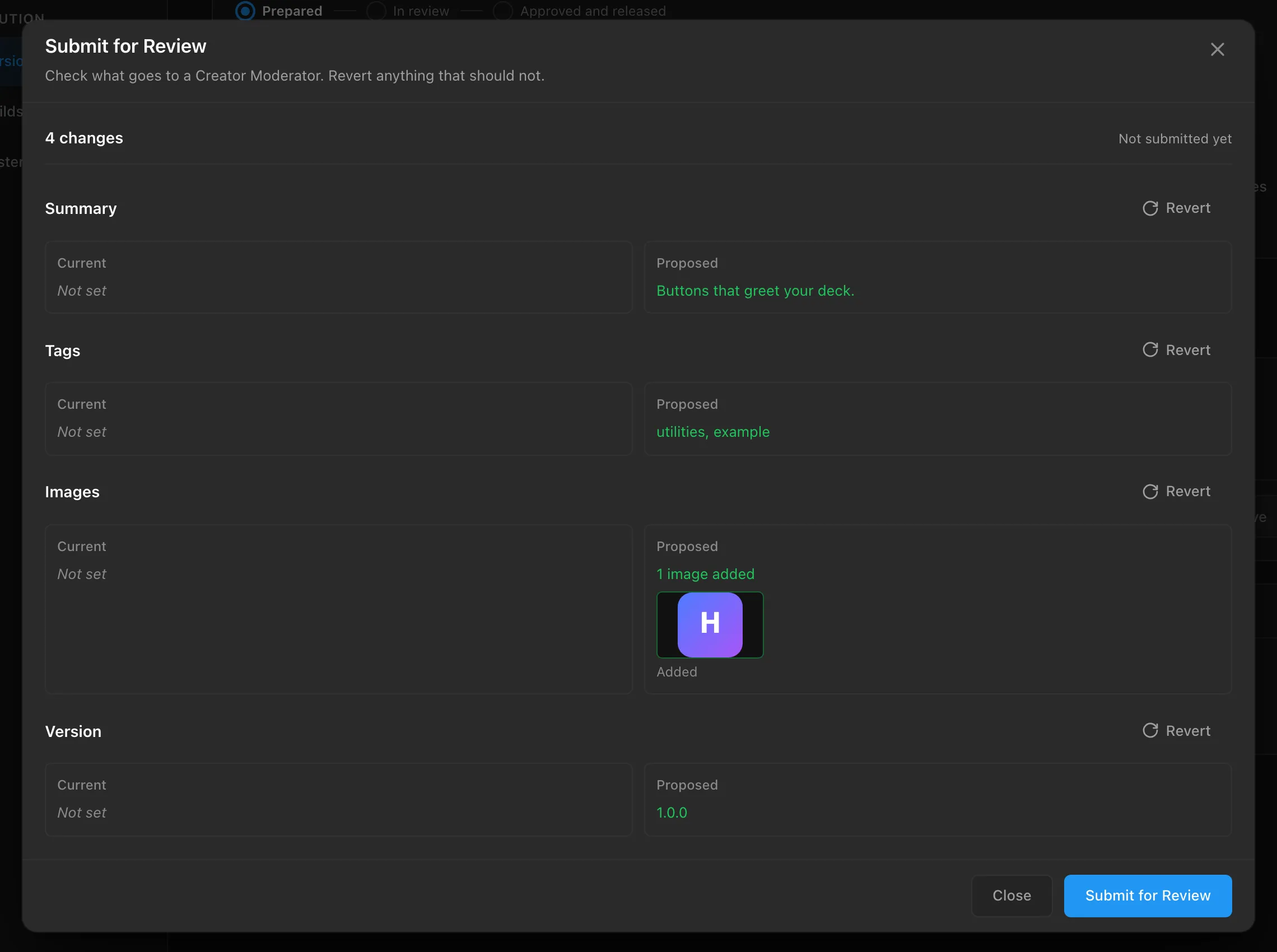 The Submit for Review dialog listing Summary, Tags, Images and Version 1.0.0