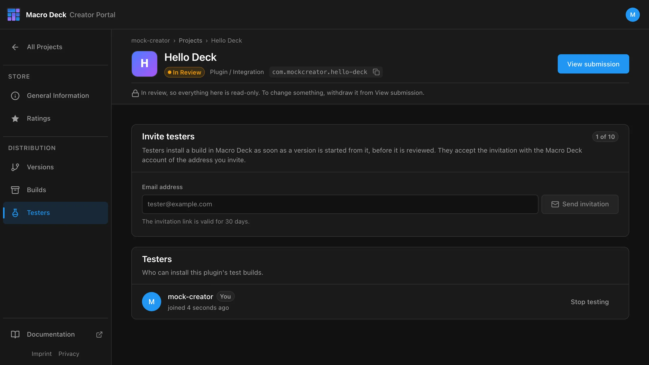 The Testers page with an invitation form and one tester