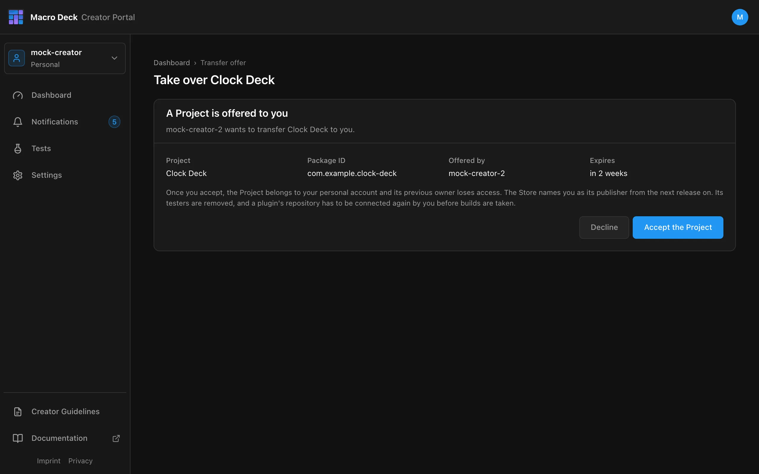 The transfer offer page: Take over Clock Deck, with the Project, who offered it, the expiry, Decline and Accept the Project