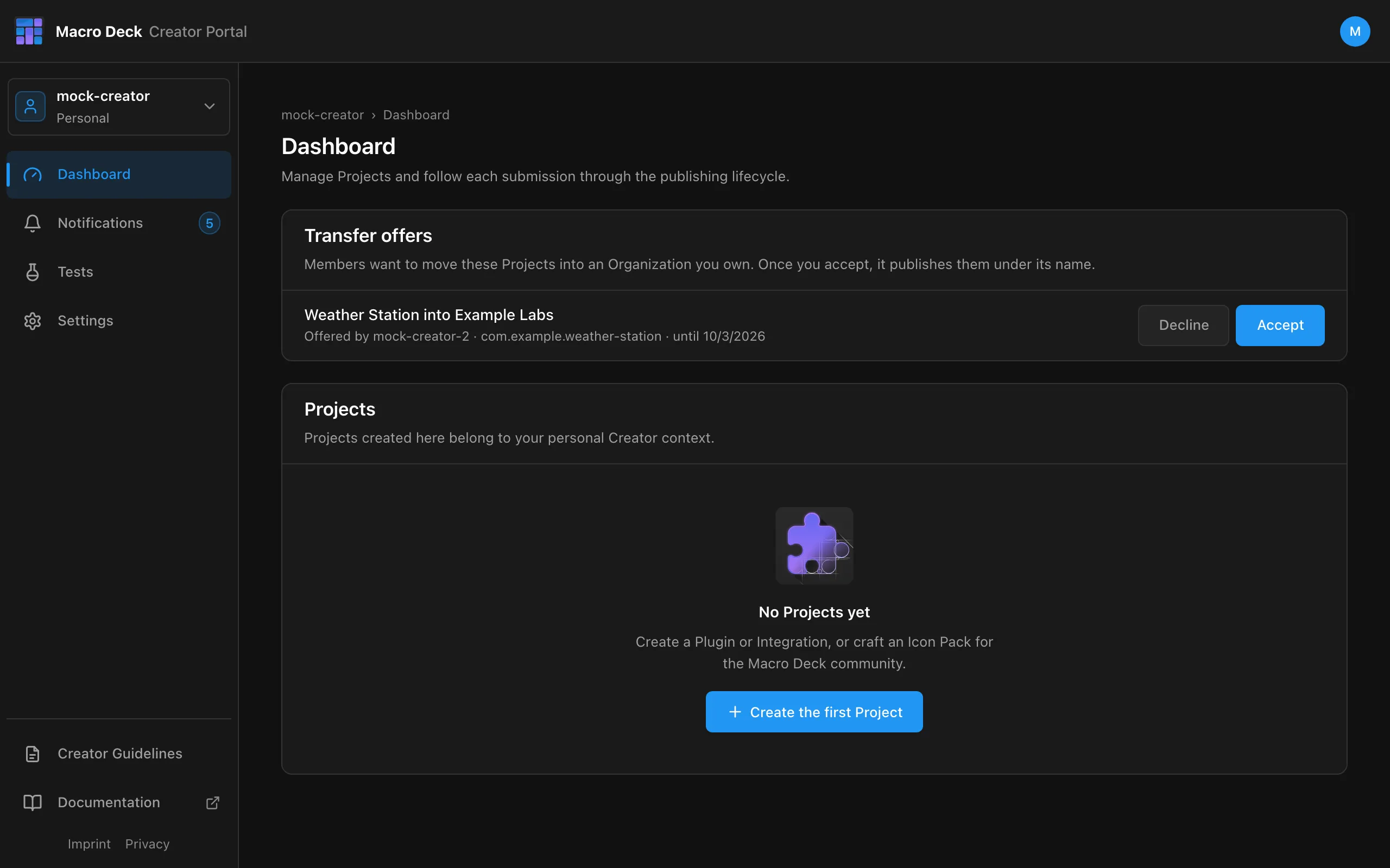 Transfer offers on the Dashboard: Weather Station into Example Labs, with Decline and Accept