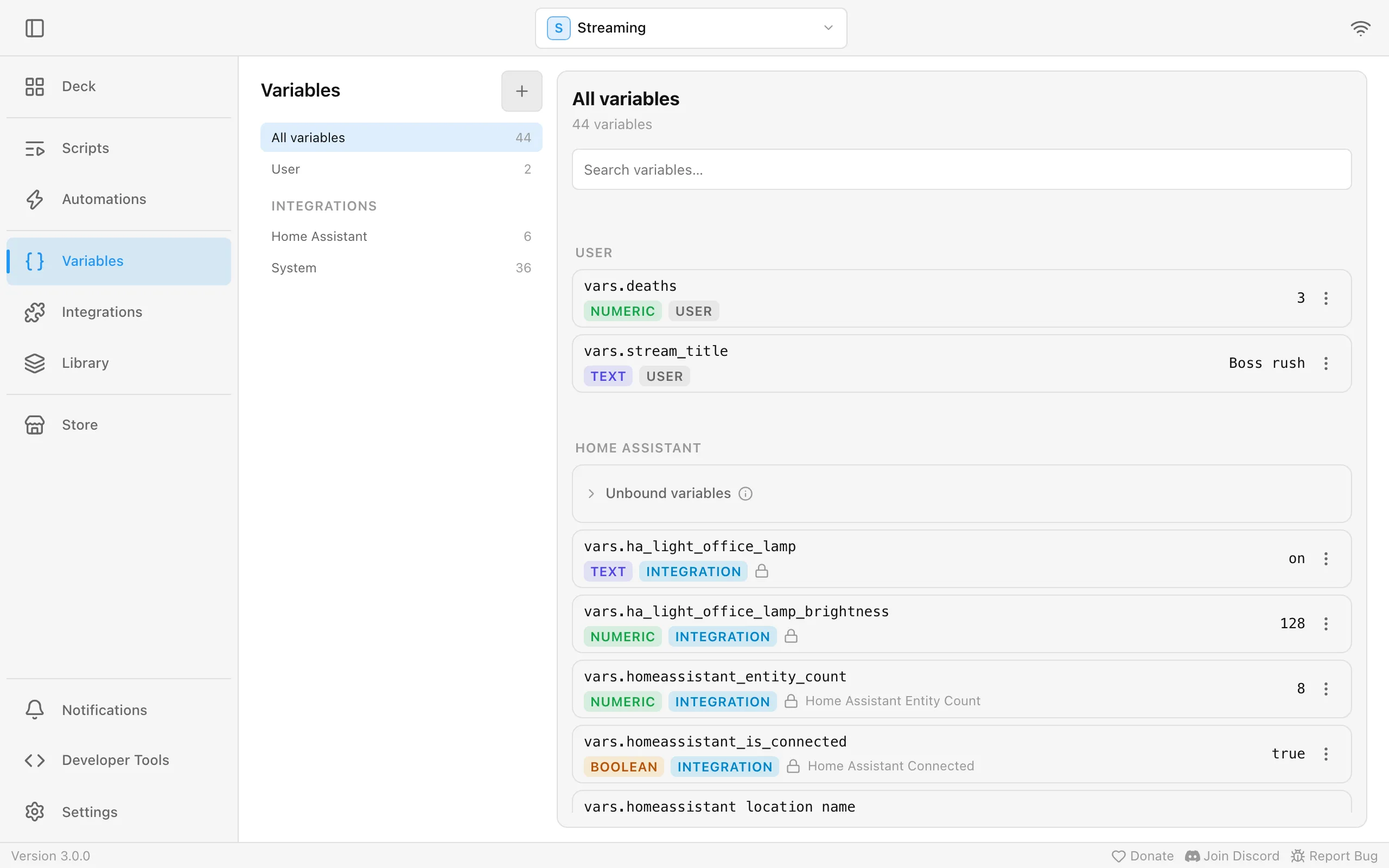 The Variables page with the user variable deaths and Home Assistant’s variables below a collapsed Unbound variables group